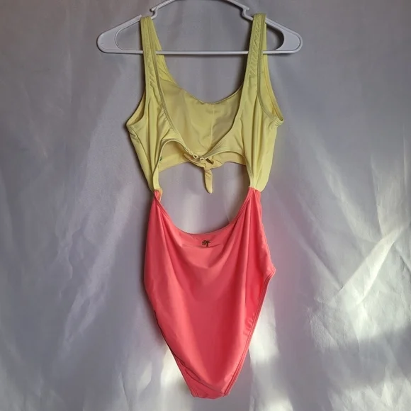 OP Ocean Pacific Cutout One Piece Swimsuit Size L Yellow Pink - Picture 3 of 11